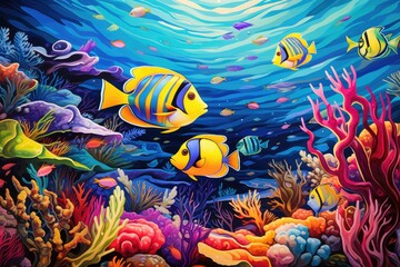 Fototapeta na wymiar Underwater scene with brightly colored tropical fish illustration, Ai generated