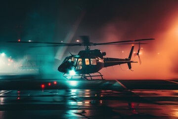 An helicopter in the night.