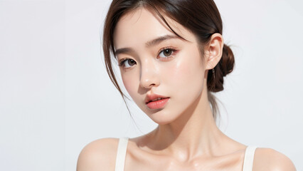beautiful Korean girl, good skin, black hair, white background, skin care