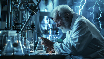A scientist physicist and mathematician conducts experiments with electricity in the laboratory.