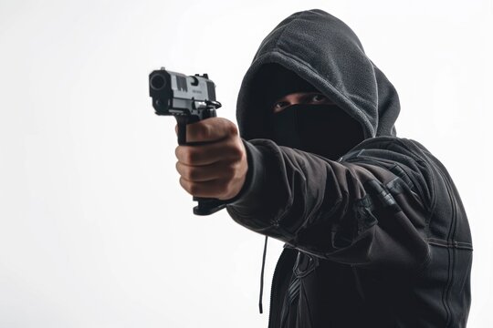 Attacker with a gun in his hand pointing at someone wearing a black mask and a hooded jacket