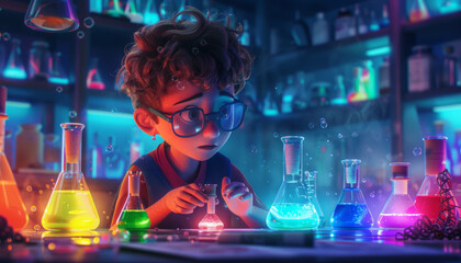 Chemical research in a school laboratory. A young teenage scientist conducts a chemical experiment. - obrazy, fototapety, plakaty
