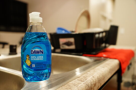 A blue bottle of Dawn dish detergent soap sits on a sink. 