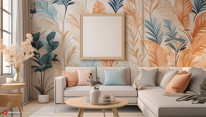  Modern and simlpe home living room interior with table and chairs, window. Mockup frame Mockup posters in child room interior,