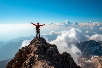 A man stands on the peak of a mountain, raising his arms in a triumphant gesture, A man reaching the peak of a mountain after a tiring hike, AI Generated