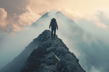 A man triumphantly stands on top of a towering mountain, overlooking vast landscapes, A man reaching the peak of a mountain after a tiring hike, AI Generated - obrazy, fototapety, plakaty