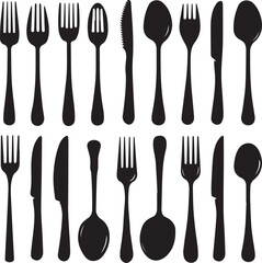 Set of Cutlery Icon black Silhouette Spoon Fork Knife on white background	
