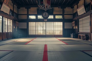 This photo captures a spacious room featuring a prominent wall clock as its focal point, A martial arts dojo inside a traditional gym, AI Generated - obrazy, fototapety, plakaty