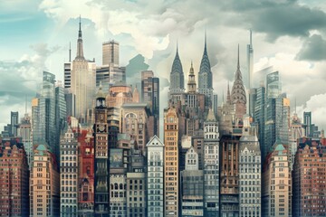 Fototapeta premium This photo depicts a colorful painting showcasing a bustling cityscape filled with numerous towering buildings, A mashup of different eras of architecture in a city skyline, AI Generated