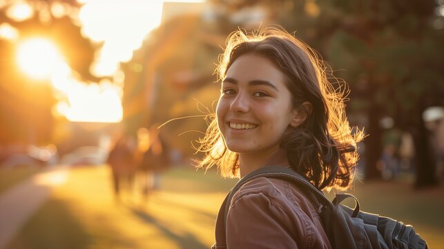 A candid shot of a college student smiling on campus during golden hour, evoking a sense of nostalgia and optimism, real photo, stock photography --ar 16:9 Job ID: 071dd774-f6fc-4ea9-bbf3-80c2d7428a67