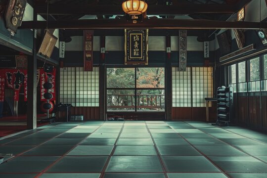 This photo captures a room flooded with natural light from numerous windows, creating a bright and airy atmosphere, A martial arts dojo inside a traditional gym, AI Generated