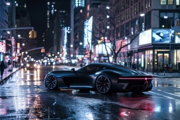 A black sports car is parked on a wet city street, A matte black sports car on a shimmering city...