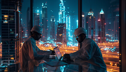 A foreman in a helmet and glasses, a working supervisor for the construction of houses and skyscrapers against the backdrop of a big city.