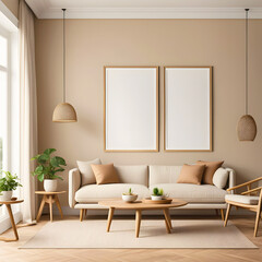 3d render, Mock up frame in cozy home interior background, coastal style bedroom