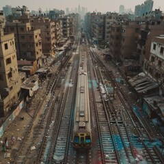 a drone looking with a camera angle perpendicular to the floor looking at a train passing by Cairo slumps. that is centered in the middle of the frame