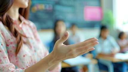 A close-up of a young female teacher's hands gesturing while she teaches in a bright and airy classroom