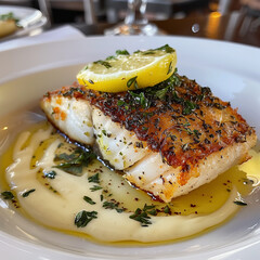 Glossy herb-crusted Chilean Seabass, with a delicate golden crust, bright lemon aioli drizzle, served on a modern round white plate.