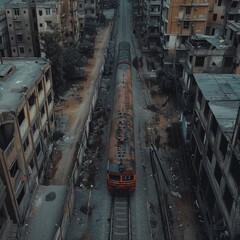 a drone looking with a camera angle perpendicular to the floor looking at a train passing by Cairo slumps. that is centered in the middle of the frame