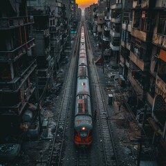 a drone looking with a camera angle perpendicular to the floor looking at a train passing by Cairo slumps. that is centered in the middle of the frame - obrazy, fototapety, plakaty