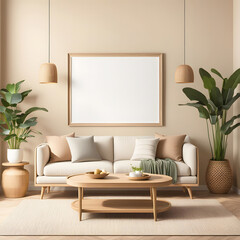 3d render, Mock up frame in cozy home interior background, coastal style bedroom