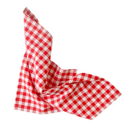Checkered red picnic cloth crumpled isolated on white. Food decor. Kitchen towel,tablecloth. Checked napkin.
