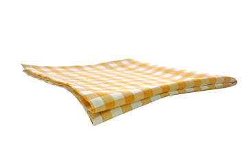 Yellow checkere picnic cloth,folded towel,napkin.Tablecloth isolated.