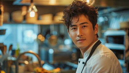 Portrait of a Japanese male chef in the kitchen.