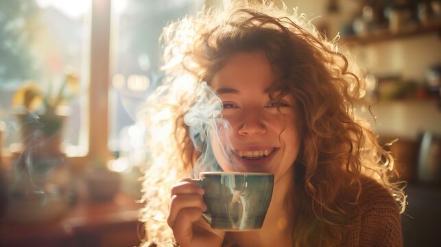 A happy smiling woman with messy curly hair savoring a smoking cup of coffee in the morning light