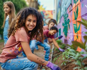 A group of children are planting flowers in a garden. One girl is smiling and holding a trowel