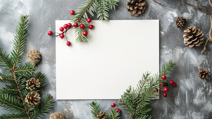 Fototapeta na wymiar A blank card surrounded by festive Christmas decorations
