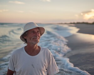 A man wearing a white hat and a white shirt is standing on the beach. He is smiling and looking out at the ocean