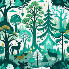 A whimsical pattern featuring intricate tree silhouettes, delicate woodland creatures, and hints of magic peeking through lush foliage in shades of emerald green and earthy browns.