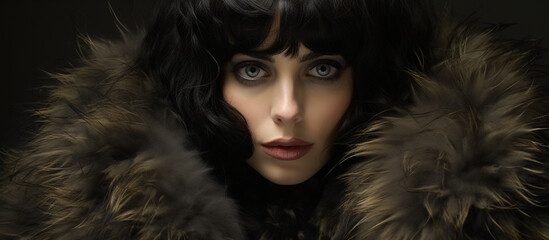 portrait of a seductive femme fatale woman in fur, cinematic, banner space for text, asset