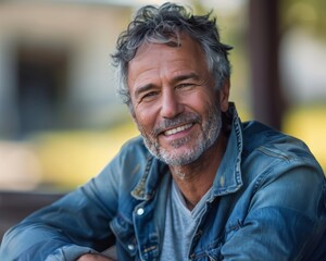 A man with a beard and gray hair is smiling and wearing a blue jacket. He is sitting on a bench and he is enjoying the outdoors