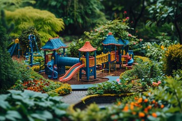 A vibrant playground stands in the center of a well-maintained garden, offering a variety of recreational activities for children, A miniature playground hidden in a secret garden, AI Generated - Powered by Adobe