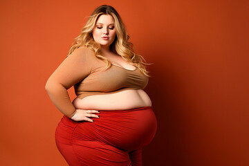 A very fat beautiful woman with long blond hair in trousers and a jacket with an open belly on a dark orange background, the problem of obesity and excess weight. Plus size model