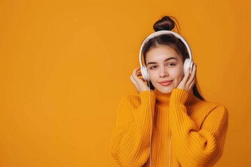 girl with headphones, podcast banner concept, orange background with empty space