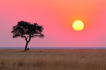 Obraz premium A single tree stands in a field as the sun sets in the background, casting warm hues over the landscape, A minimal sunset in an African savanna, AI Generated