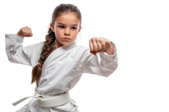 girl karate fighter on white background.