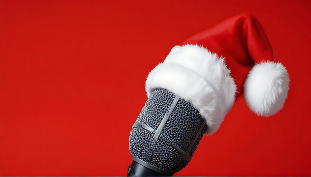 Closeup of Santa Claus Christmas hat on a microphone on an isolated red background, 