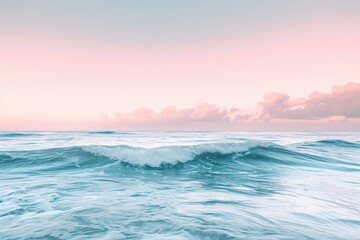 Obraz premium A dynamic scene capturing the powerful waves rolling onto the expansive surface of a large body of water, A minimalist depiction of ocean waves under a pastel sky, AI Generated