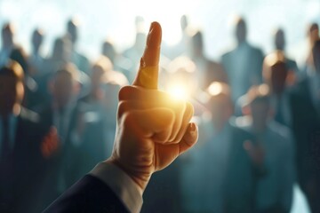 Hand pointing at crowd of businessmen on light backdrop. Worker management concept - obrazy, fototapety, plakaty