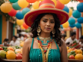 Cinco de Mayo, Woman in colorful dress and sombrero smiles happily in front of fruit stand