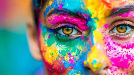 Close-up view of a person's face artistically covered with bright, colorful paint splashes