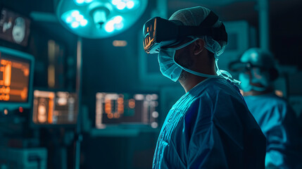 Surgeon Using Virtual Reality Headset in High-Tech Operating Room