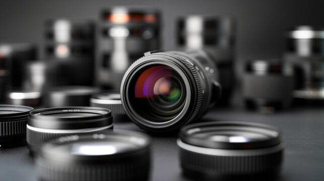 camera lens close up wit many lens in background of photographer gear for create photo photograph, use for digital camera focus aperture and shutter the moment