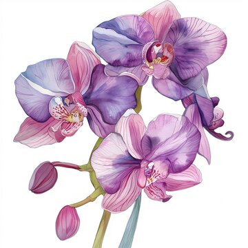 Exotic orchids in shades of pink and purple are depicted in this watercolor clipart.