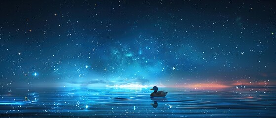 Create a charming illustration of a duck floating peacefully in a boundless expanse of space, surrounded by twinkling stars , high-resolution