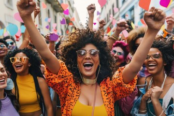 Large group of confident women celebrating in the streets - obrazy, fototapety, plakaty