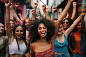 Large group of confident women celebrating in the streets